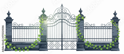 This stunning illustration presents an intricate iron gate framed by lush green ivy, symbolizing the connection between nature and artistry in a lush garden environment.