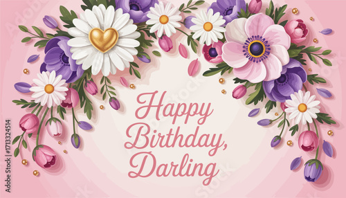 This image features a beautiful floral arrangement surrounding the words 'Happy Birthday, Darling', perfect for celebrating birthdays and expressing love and appreciation.