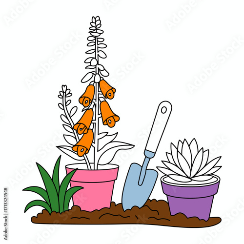 This artistic arrangement displays vibrant potted plants and a shovel, exemplifying the essence of gardening and the beauty of nature cultivated with care and love.