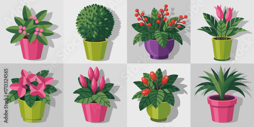 An appealing array of stylish flower pots filled with vibrant plants, showcasing the beauty of greenery and floral diversity, ideal for brightening any environment.