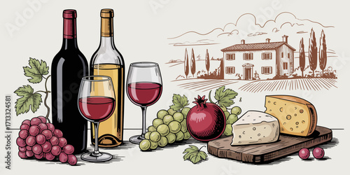 A sophisticated still life scene showcasing bottles of wine, glasses, cheese, and grapes, portraying the essence of a rustic picnic in the vineyard and celebrating gourmet indulgence.