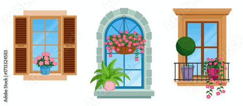 This collection of beautifully designed windows showcases potted flowers and lush greenery, highlighting the connection between home aesthetics and the joy of nature's beauty.