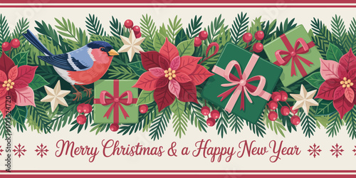 A festive arrangement featuring Christmas and New Year decorations, including a bird, gifts, and flowers, perfect for celebrating the holiday season with joy and warmth.