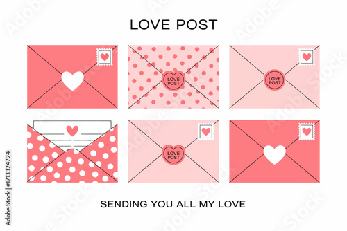 An assortment of charming envelopes and postcards designed for love letters, featuring delightful patterns and heartfelt sentiments in soft pastel colors.