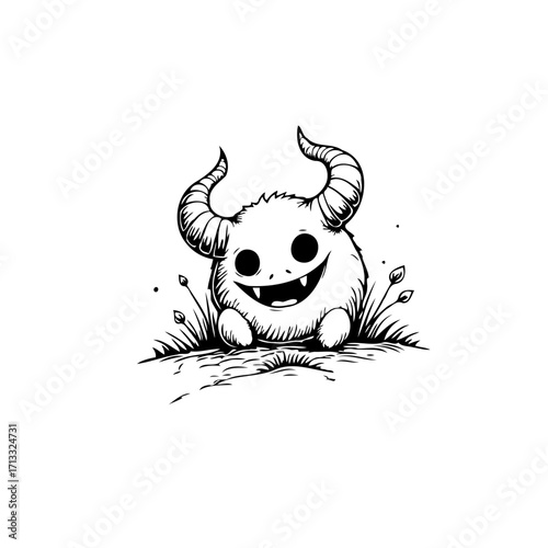 Whimsical horned character emerges from the grass in a detailed black and white illustration