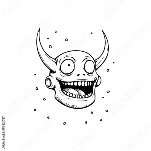 Whimsical horned character art with playful grin and intriguing black and white style design