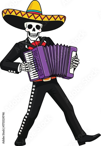 Cheerful skeleton mariachi musician playing accordion, celebrating Day of the Dead with music