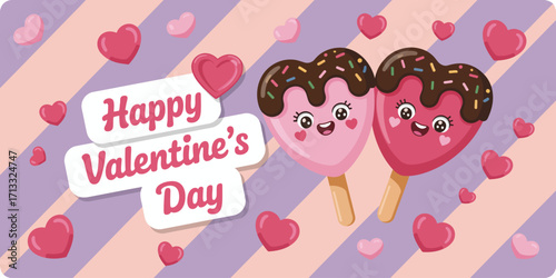 Two adorable heart-shaped ice cream treats in pink and brown with smiles, perfect for Valentine's Day celebrations, surrounded by pink hearts and pastel colors.