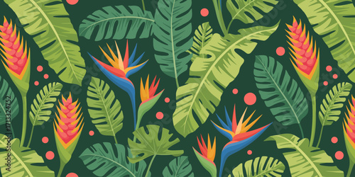 This beautiful composition showcases a rich blend of green leaves and colorful tropical flowers, embodying a lively and fresh ambiance suitable for vibrant designs.