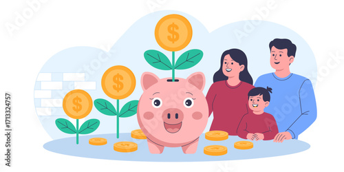 A playful family with a cute piggy bank and coins, representing the cheerful notion of saving for the future while fostering family values and joy in finances.