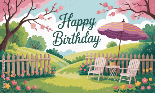 A beautiful birthday scene set in a blooming garden with pink flowers and a relaxing atmosphere, perfect for celebrating life's special moments in a serene environment.