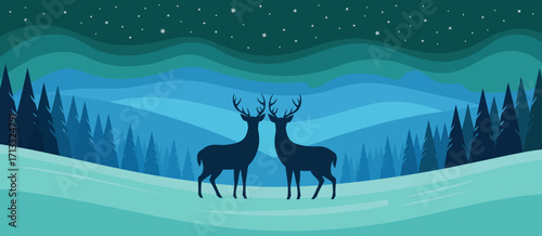 This serene winter landscape image features two majestic reindeer silhouettes against a blue gradient backdrop, capturing the stillness and beauty of the snowy wilderness.