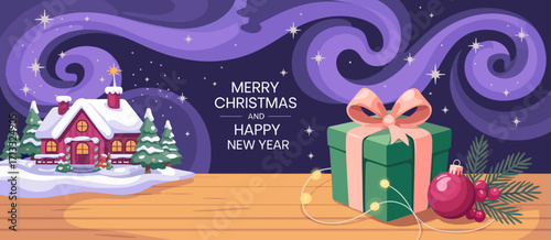 A whimsical Christmas scene showcasing a beautifully wrapped gift and festive decor set against a snowy backdrop, embodying the magic and warmth of the holiday season.