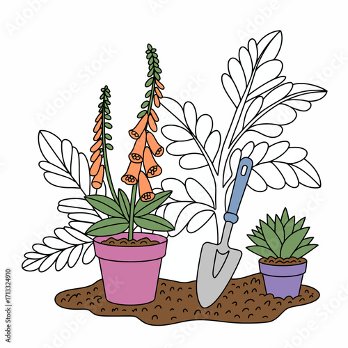A charming display of stylized potted plants and a shovel highlights the beauty of gardening, representing creativity, nurturing and the joy found in nature's bounty.