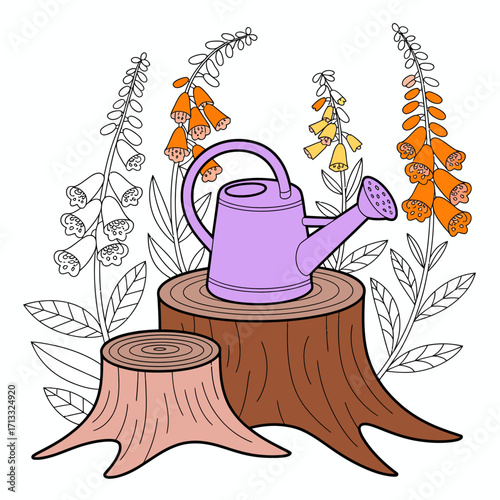 A delightful illustration showcasing a purple watering can set on tree stumps, surrounded by lush blooming flowers, capturing the beauty of a serene garden.