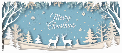 A serene winter scene featuring reindeer, snowflakes, and pine trees, beautifully designed in a paper-cut style, creating a festive atmosphere for Christmas.