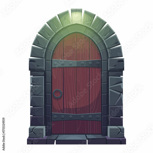 An illuminated stone-arched door with a wooden texture, creating a welcoming yet mysterious ambiance that invites exploration and adventure in a fantasy world.