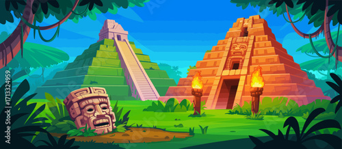 This colorful artwork portrays ancient temples and stone faces amid a vivid jungle landscape, symbolizing exploration and a rich connection to cultural heritage and history.