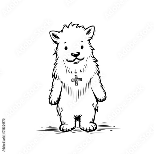 Whimsical illustration of a fluffy creature with a cross pendant offering charm and innocence