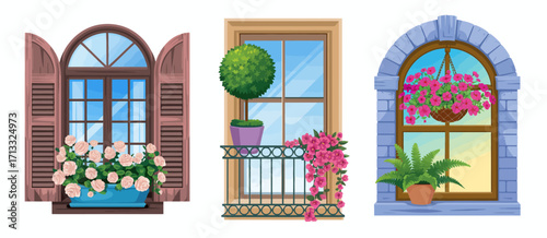 This illustration highlights charmingly designed windows overflowing with various blooming plants, contributing to a warm and inviting atmosphere filled with homey comfort.