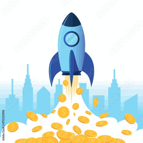 This dynamic scene features a colorful rocket blasting off, releasing a cascade of coins, offering a visual narrative of ambition and the potential for financial well-being.