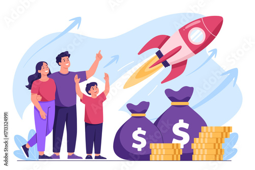 A joyful family watches a rocket launch, symbolizing ambition and financial success, surrounded by money bags and gold coins, highlighting prosperity and excitement.