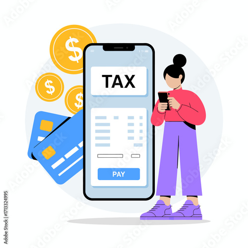 A modern illustration showing a smartphone interface for tax payment with digital coins and credit cards, emphasizing convenience in online transactions for users.