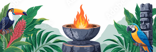 A vibrant tropical scene featuring two colorful parrots, lush green foliage, and a stone bowl with a bright flame, showcasing the beauty of nature and wildlife.