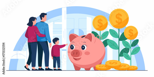 The image features a family standing beside a cheerful piggy bank, symbolizing savings, financial planning, and the importance of teaching children to save money for the future.