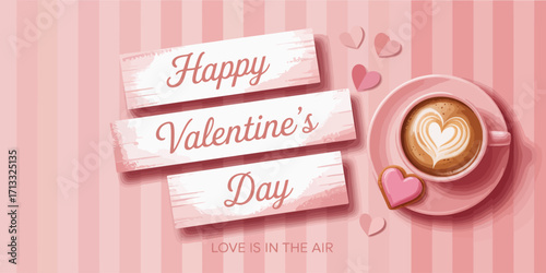 This image captures the warmth of Valentine's Day with a cup of coffee topped with heart art, accompanied by a pink cookie, ideal for romantic celebrations and greetings.