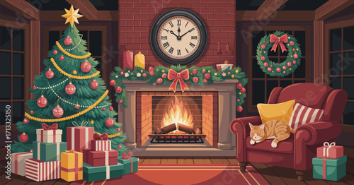 An inviting Christmas scene captures a beautifully adorned tree and a warm fireplace, creating a festive atmosphere perfect for holiday memories and gatherings with loved ones.