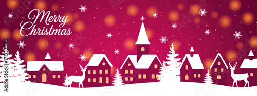 This festive image showcases a picturesque Christmas village adorned with snow, reindeer, and a charming church tower, creating a magical seasonal atmosphere.