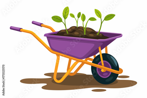 A vibrant wheelbarrow filled with dark soil and fresh green sprouts showcases the joy of gardening and the beauty of nature coming to life in a sunny atmosphere.