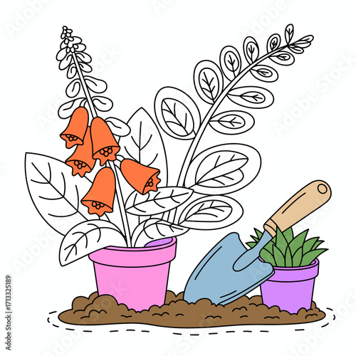 This delightful garden scene features beautiful potted plants and a shovel, symbolizing the joy of gardening and the nurturing aspects of caring for nature's beauty.