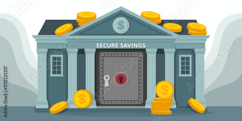 An illustration of a secure savings bank featuring a vault and stacks of coins, emphasizing financial security and the importance of managing savings for a prosperous future.