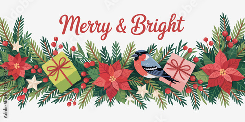 A vibrant holiday-themed design featuring beautiful poinsettias, festive gifts, and charming birds, creating a warm and cheerful Christmas atmosphere for seasonal celebrations.
