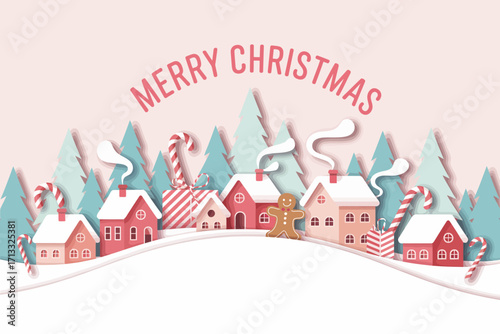 A charming Merry Christmas village scene with pastel houses, festive decorations, and a gingerbread man, designed to evoke the joy and warmth of the holiday season.