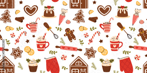 Seamless pattern with Christmas baking. Gingerbread house, sweets, rolling pin, hot chocolate, gingerbread cookies. Flat vector illustration.