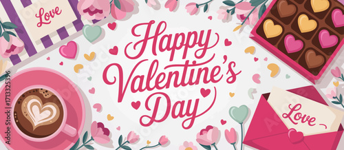 This artistic Valentine’s Day greeting showcases heart-shaped chocolates, a warm cup of coffee, and flowers, creating a visual delight representing love and celebration.