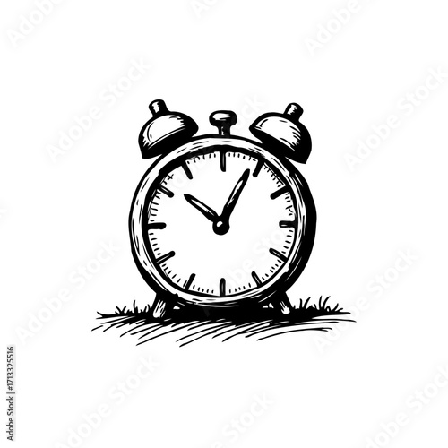 Whimsical monochrome sketch of an old fashioned alarm clock ticking away time illustration isolated