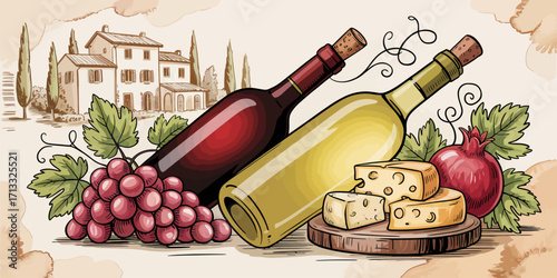 A rustic still life featuring bottles of red and white wine, cheese varieties, and fresh produce, set against a serene landscape that invites relaxation and culinary pleasure.