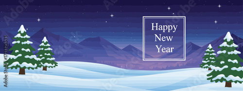 A peaceful winter landscape under a clear night sky adorned with stars, featuring rolling snow-covered hills and evergreen trees, setting the mood for New Year reflections.