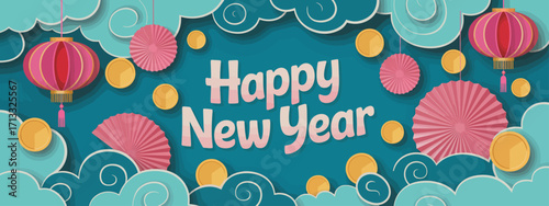 A vibrant New Year greeting featuring beautiful clouds, hanging lanterns, and gold coins, creating an atmosphere of celebration, joy, and abundance for the festive season.