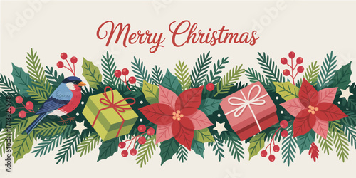 A colorful Christmas scene showcasing beautifully wrapped gifts, vibrant flowers, and a lively bird, encapsulating the essence of joy and holiday spirit for festive occasions.