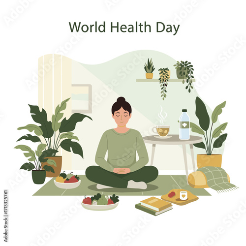 Woman meditating in a healthy cozy room