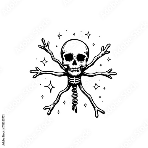 Whimsical skeletal figure surrounded by twinkling stars evokes a playful gothic aesthetic with