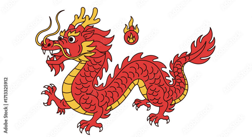 Fototapeta premium Vibrant Red Dragon Illustration Symbolizing Power and Prosperity, Ideal for Cultural Celebrations and Mythological Design Projects, showcasing Asian art