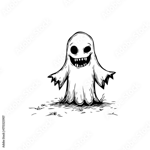 Whimsical spooky ghostly apparition on grassy ground brings eerie charm to your creative spooky