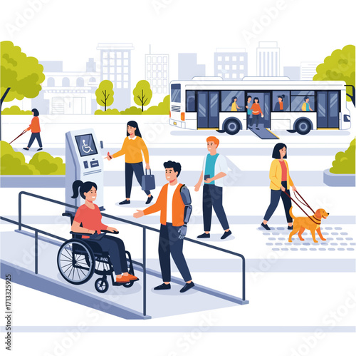 Diverse people with disabilities navigating accessible city