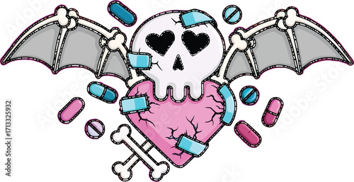 Skull heart design with wings and pills, perfect for edgy fashion and alternative art projects